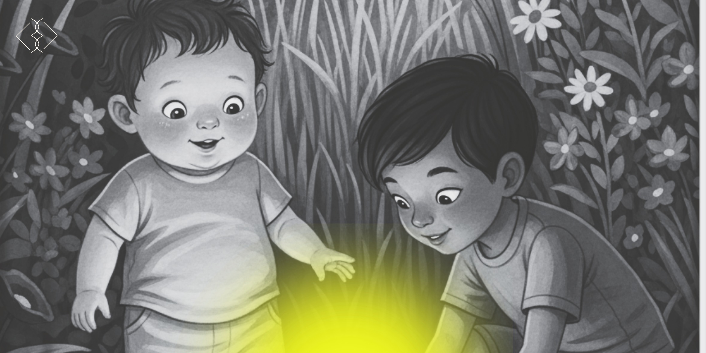 Ilustração em preto e branco com detalhe em amarelo-acidez: dois meninos observando um brilho na grama