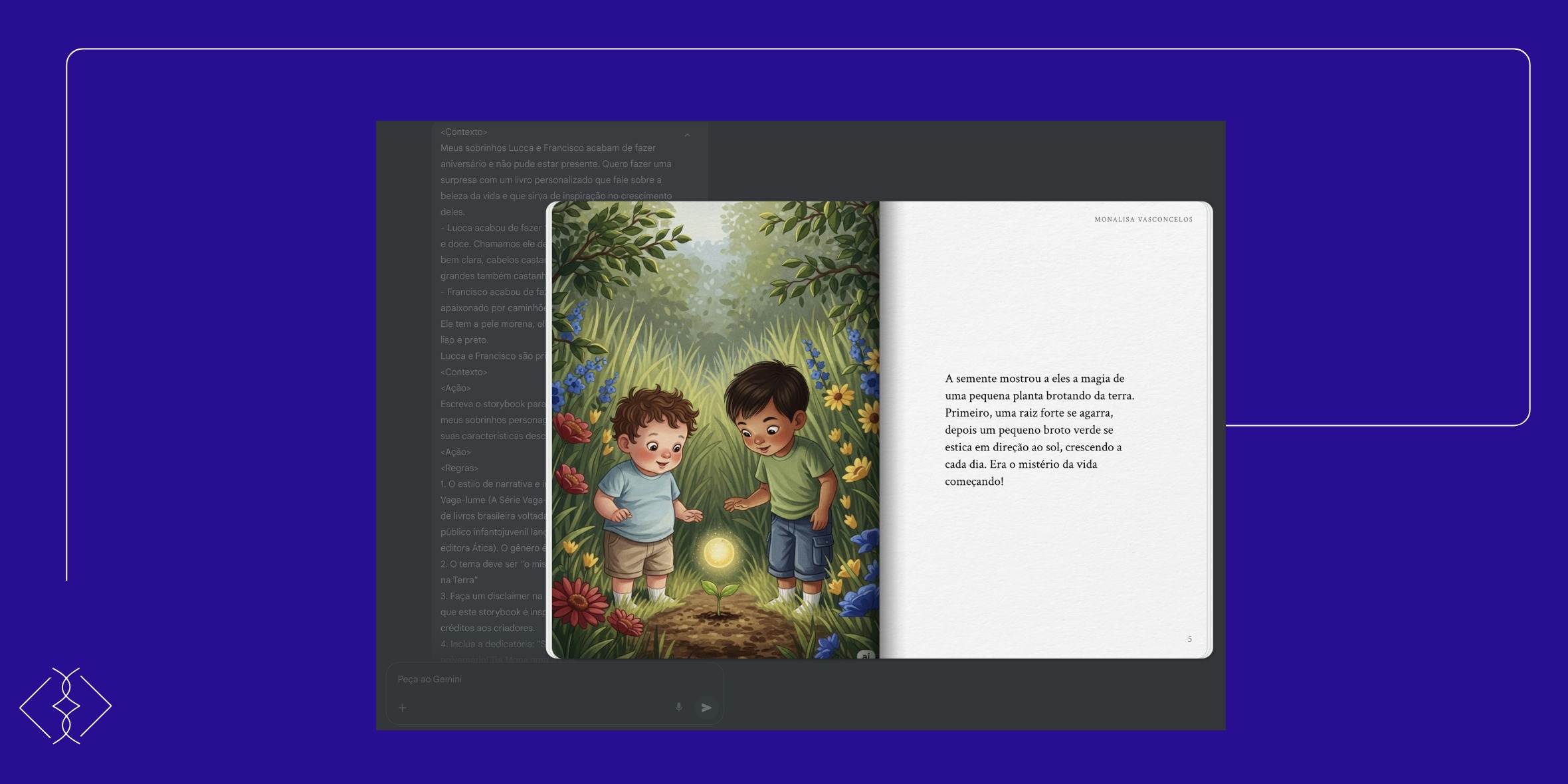 Print do chat com o Gemini mostrando o prompt estruturado ao lado da página gerada do storybook, com ilustração dos meninos e o texto sobre a semente