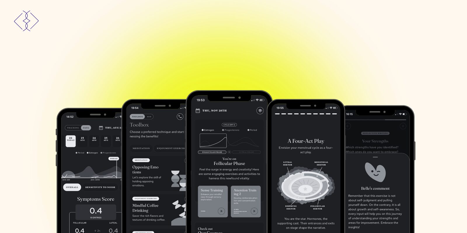 Collage of Belle Health app screens, German DTx version and English B2C version
