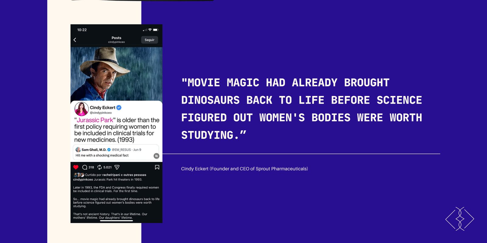 Post comparing the age of the movie Jurassic Park with the requirement to include women in clinical trials