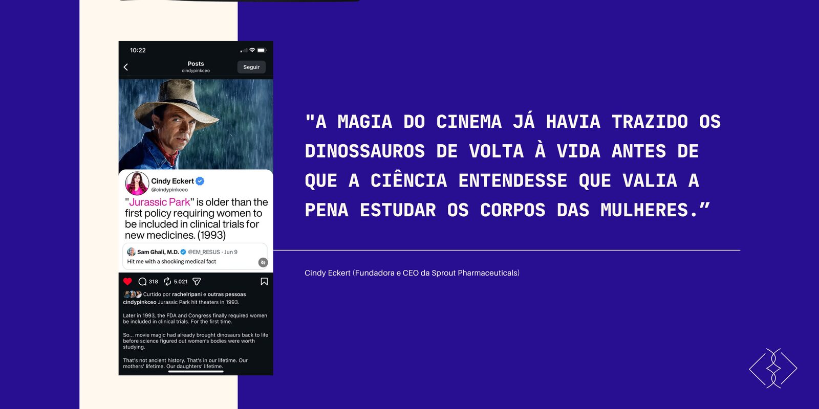Post comparando a idade do filme Jurassic Park com a exigência de inclusão de mulheres em estudos clínicos