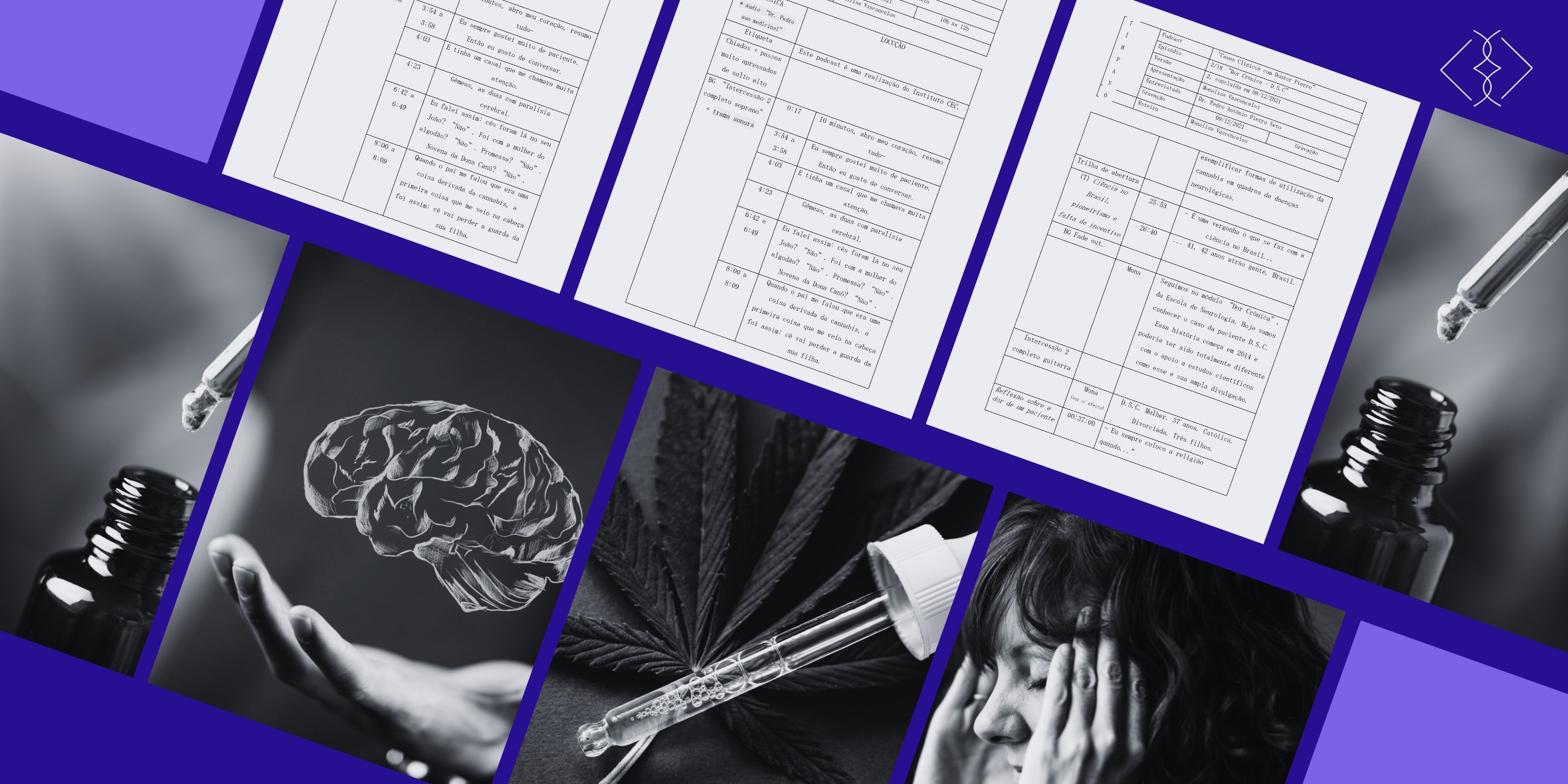 Colagem em preto e branco sobre cannabis medicinal: documentos com texto, cérebro, conta-gotas, folha e pessoa em sofrimento mental