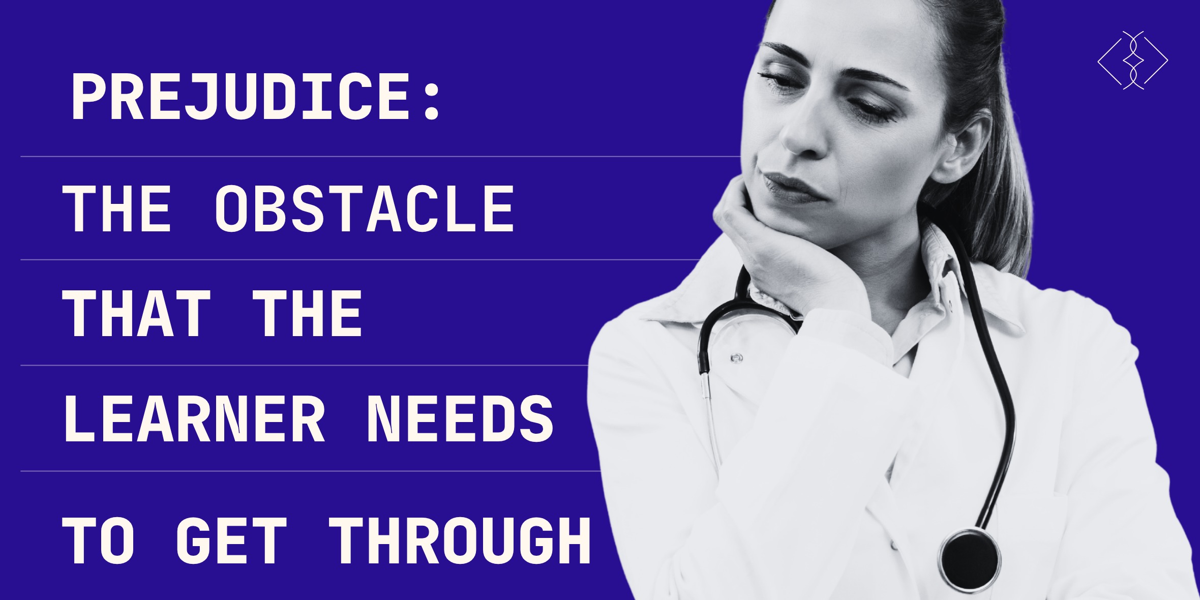 Thoughtful doctor in a white coat with a stethoscope, purple background, with the phrase: prejudice, the obstacle the listener needs to cross