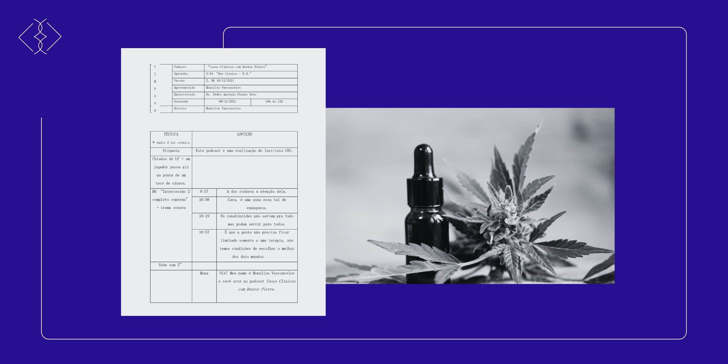 Roteiro técnico do episódio, com colunas de técnica e locução, ao lado de conta-gotas e folha de cannabis