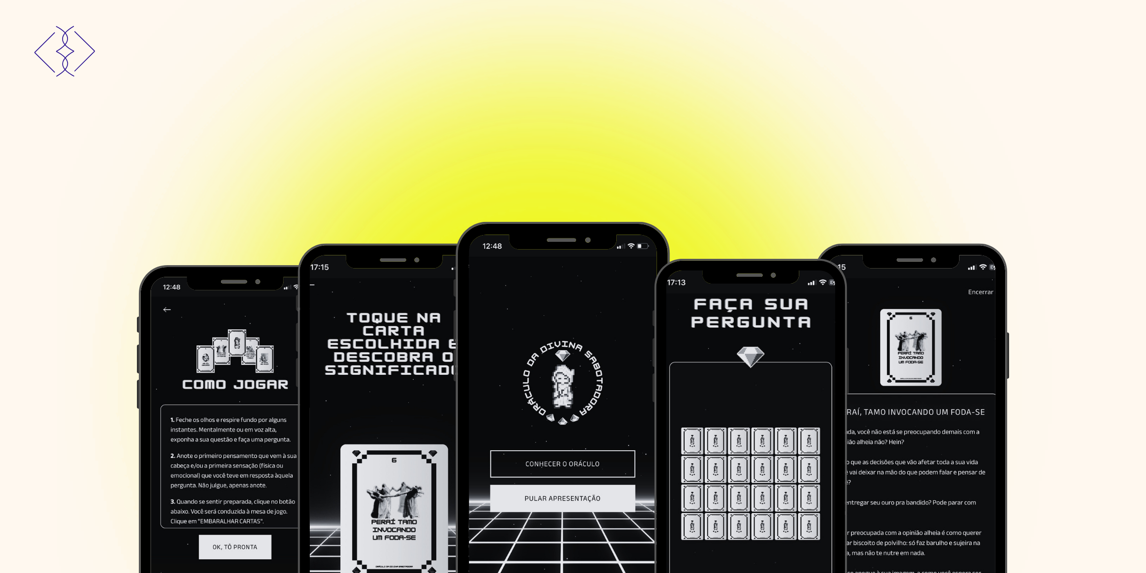 Colagem de telas do Oráculo da Divina Sabotadora em mockups de celular, sobre fundo índigo