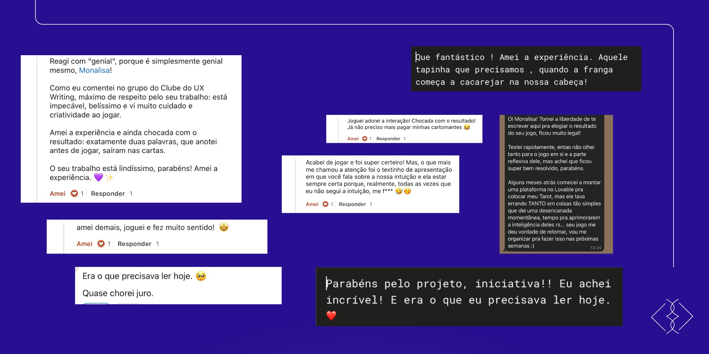Colagem de depoimentos espontâneos de jogadoras do Oráculo da Divina Sabotadora