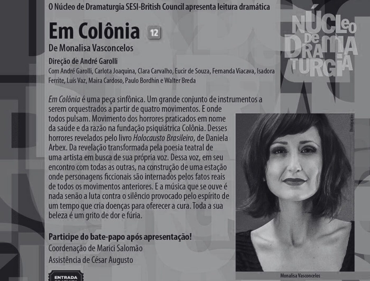 Cartaz da leitura dramática de “Em Colônia” (Núcleo de Dramaturgia do Sesi-British Council)